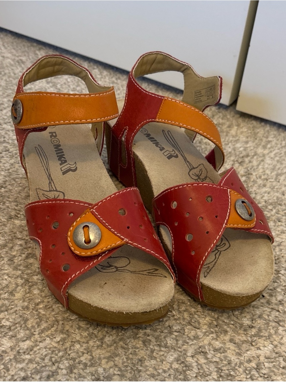 Romika Red and Orange Leather Wedge Sandals